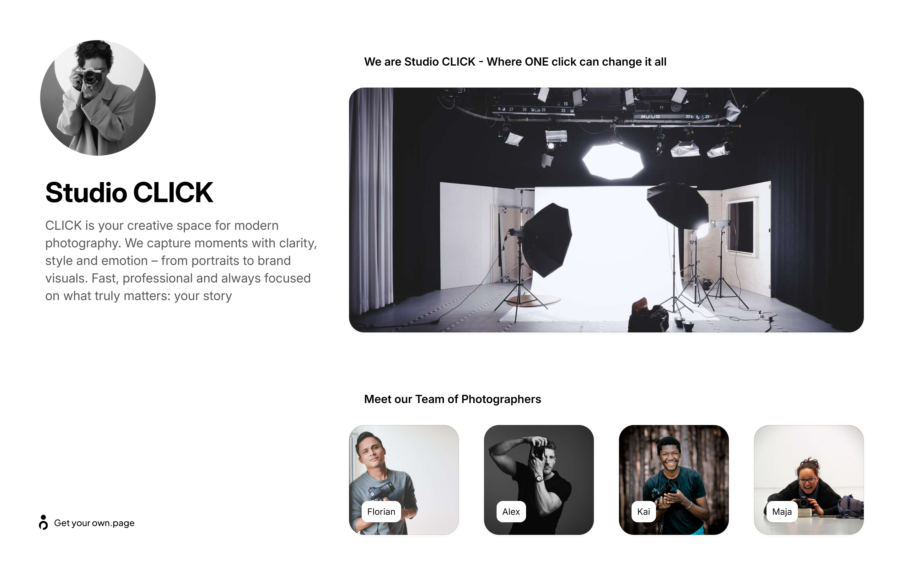 Photography studio example page